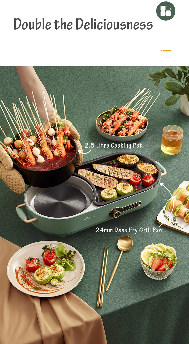 NNEDSZ BEAR Multi-functional 2-in-1 Cooking Hot Pot And Griddle Barbecue Machine DKL-C15L1