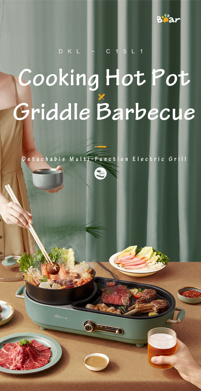 NNEDSZ BEAR Multi-functional 2-in-1 Cooking Hot Pot And Griddle Barbecue Machine DKL-C15L1