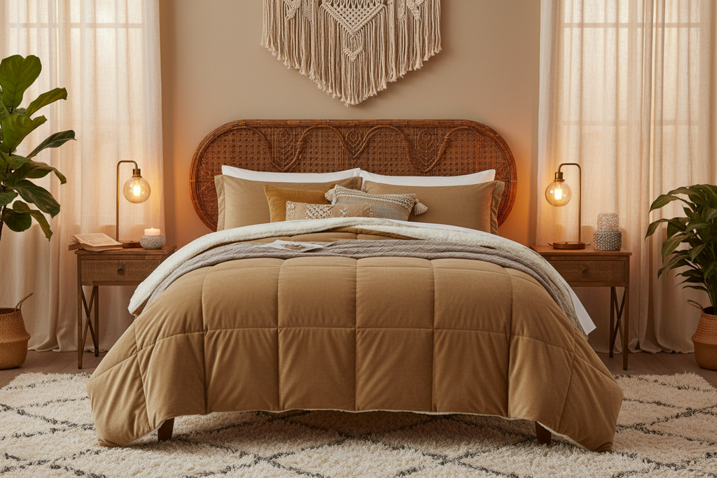 Queen Plush Microfiber Reversible Comforter Set in Gold