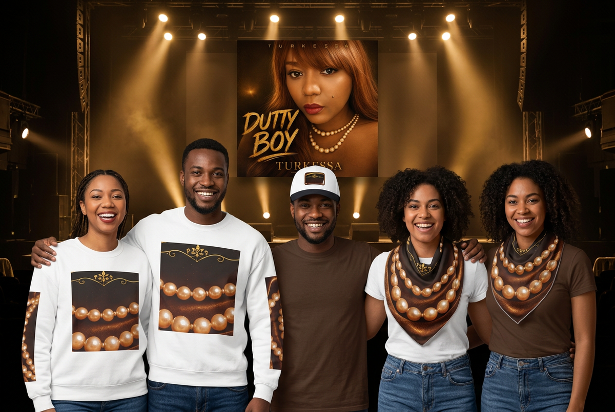 Concert promotional scene with fans wearing Dutty Boy merch and the album cover on a large screen