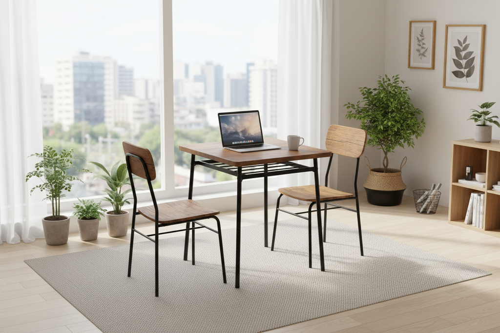 3 Piece Dining Table Set for 2 Wood Square Table with Metal Frame-Brown