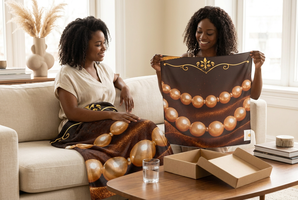 Dutty Boy blanket and scarf in a cozy gift-giving scene