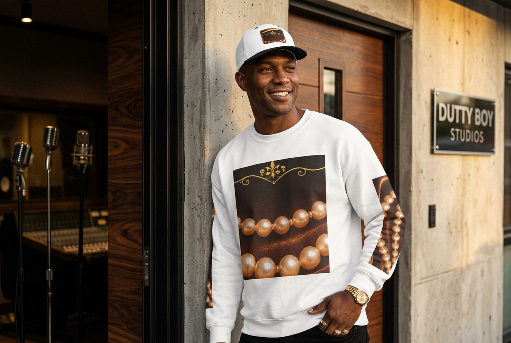 Dutty Boy sweatshirt and cap lifestyle photo