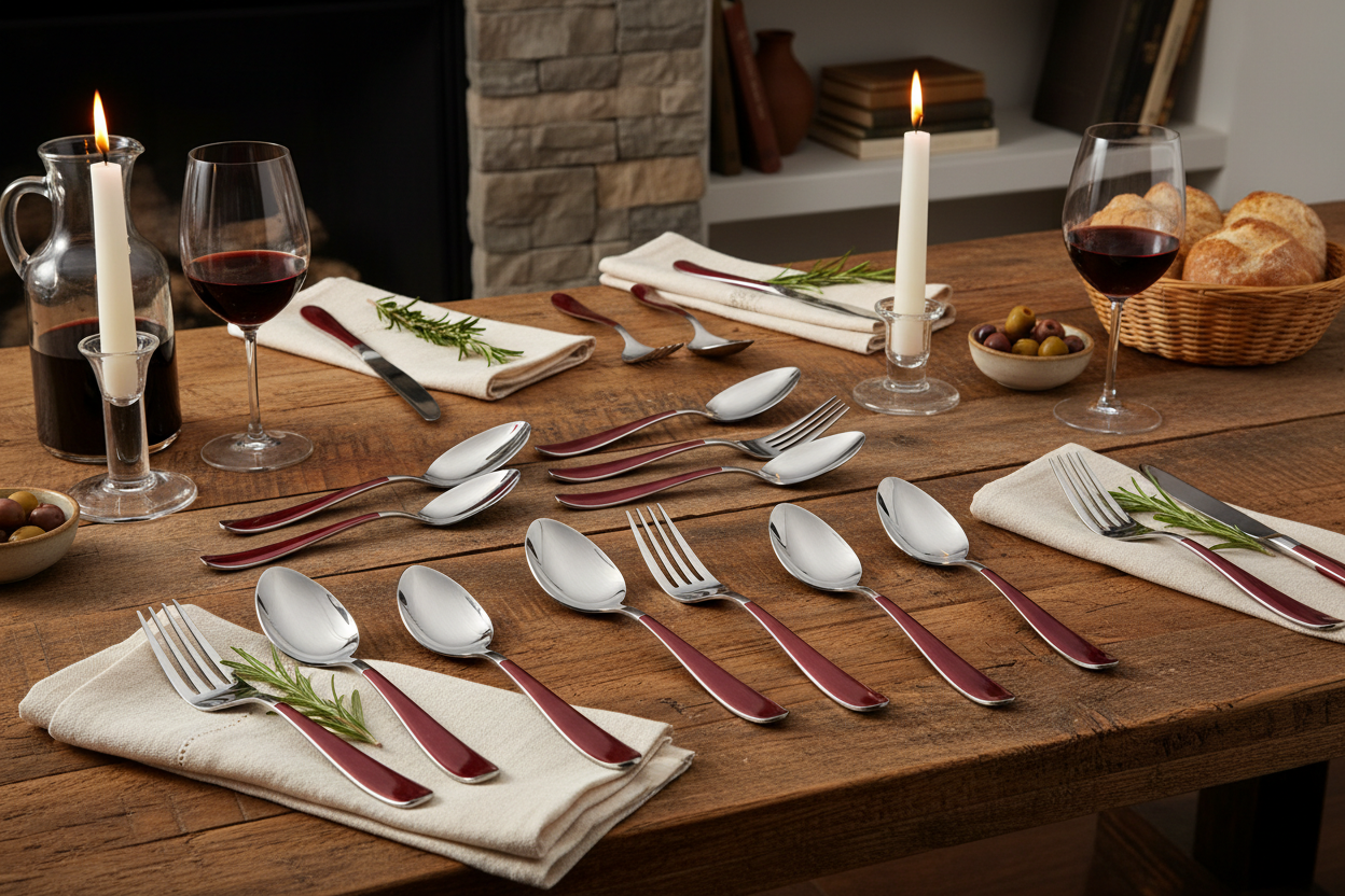 Gibson Sensations II 16 Piece Stainless Steel Flatware Set with Red Handles and Chrome Caddy
