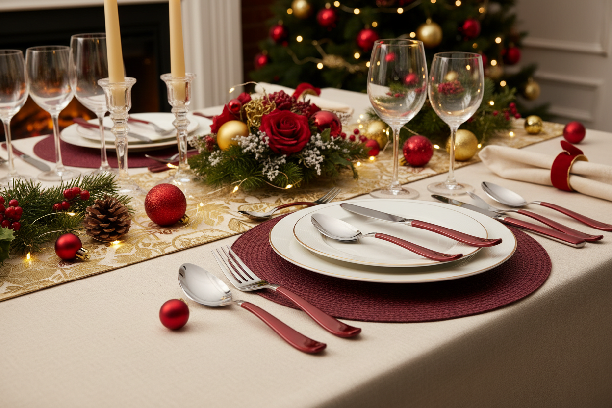 Gibson Sensations II 16 Piece Stainless Steel Flatware Set with Red Handles and Chrome Caddy