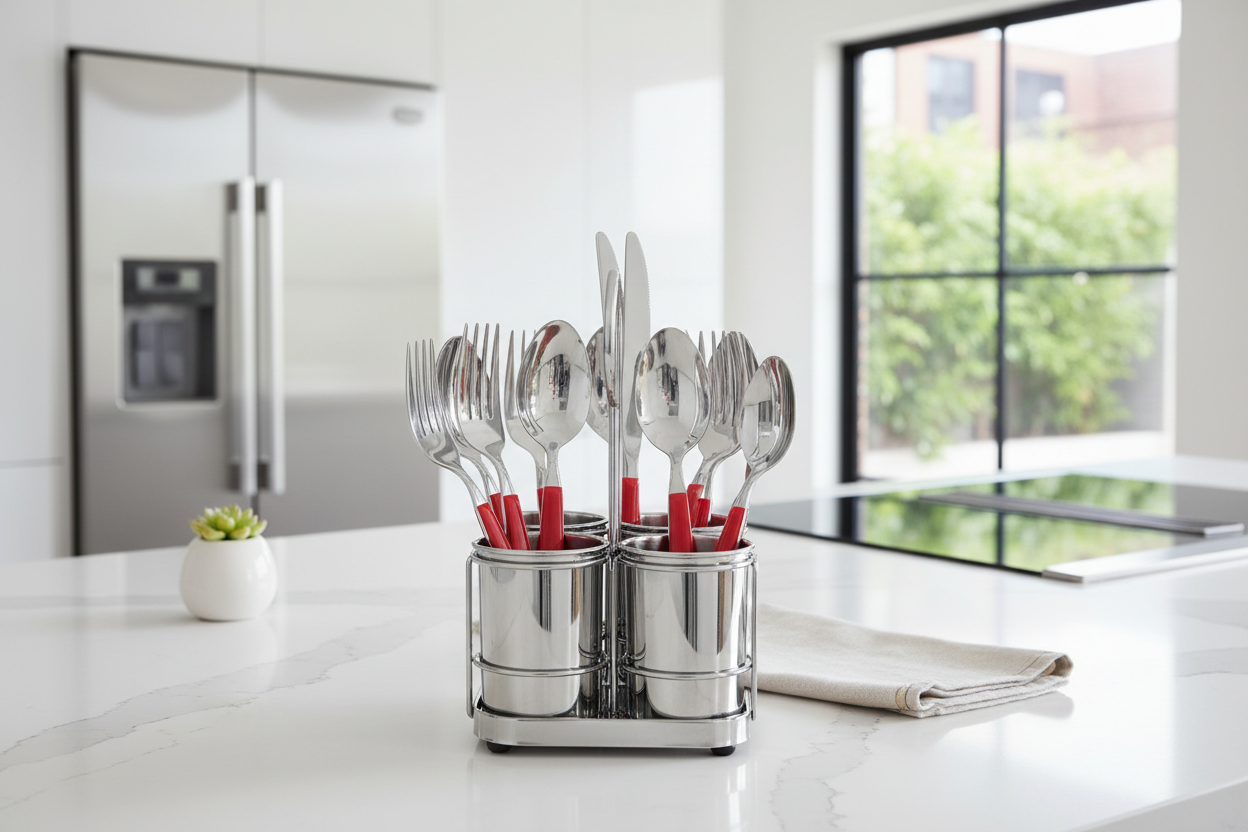 Gibson Sensations II 16 Piece Stainless Steel Flatware Set with Red Handles and Chrome Caddy