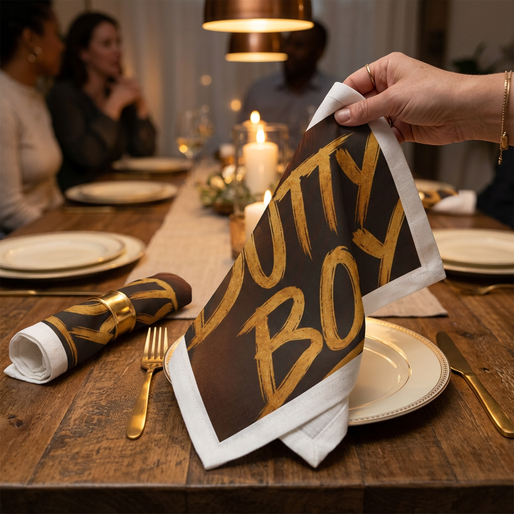 Dutty Boy napkins unfolded and styled at a dinner setting