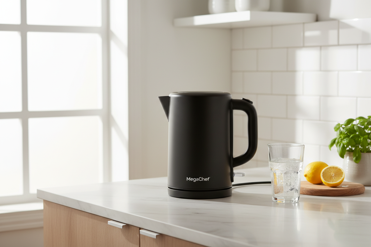 MegaChef 1.8 Quart Stainless Steel Electric Tea Kettle in Black